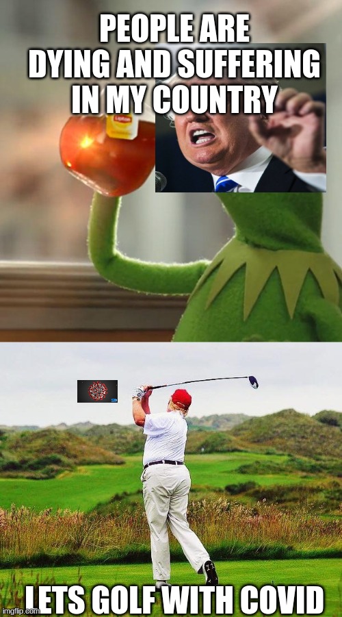  PEOPLE ARE DYING AND SUFFERING IN MY COUNTRY; LETS GOLF WITH COVID | image tagged in memes,but that's none of my business,trump golfing | made w/ Imgflip meme maker
