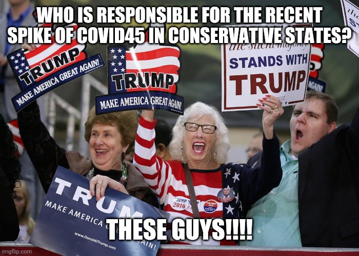 Magavirus | WHO IS RESPONSIBLE FOR THE RECENT SPIKE OF COVID45 IN CONSERVATIVE STATES? THESE GUYS!!!! | image tagged in trump supporter,covid19,coronavirus,trump,pandemic | made w/ Imgflip meme maker