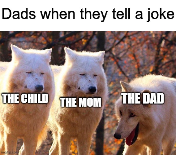 Dad jokes | Dads when they tell a joke; THE DAD; THE CHILD; THE MOM | image tagged in grump wolves,memes,funny,dad,dad joke | made w/ Imgflip meme maker