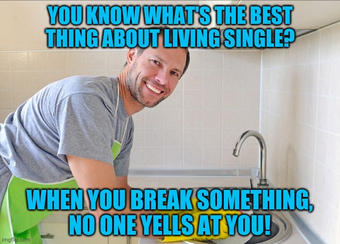 Single Living | YOU KNOW WHAT'S THE BEST THING ABOUT LIVING SINGLE? WHEN YOU BREAK SOMETHING, NO ONE YELLS AT YOU! | image tagged in single | made w/ Imgflip meme maker