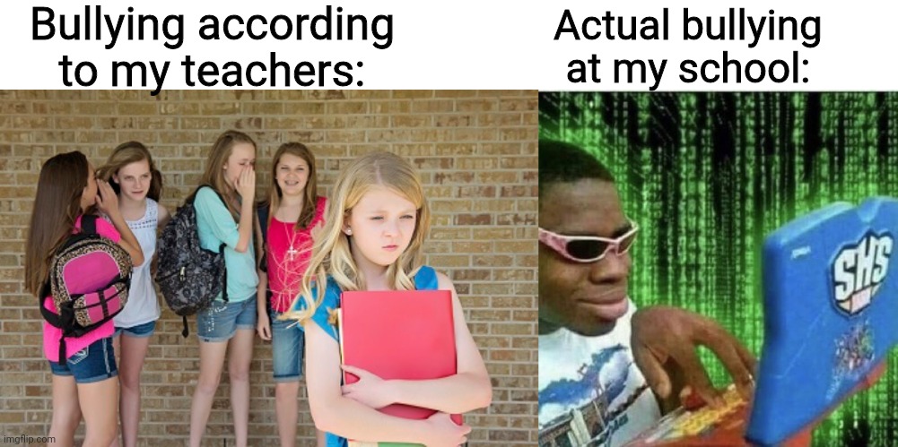 True story | Bullying according to my teachers:; Actual bullying at my school: | image tagged in ryan beckford,bullying,memes,school meme | made w/ Imgflip meme maker