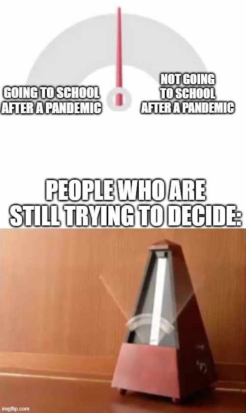 Going Back to School for fall of 2020 | NOT GOING TO SCHOOL AFTER A PANDEMIC; GOING TO SCHOOL AFTER A PANDEMIC; PEOPLE WHO ARE STILL TRYING TO DECIDE: | image tagged in metronome | made w/ Imgflip meme maker