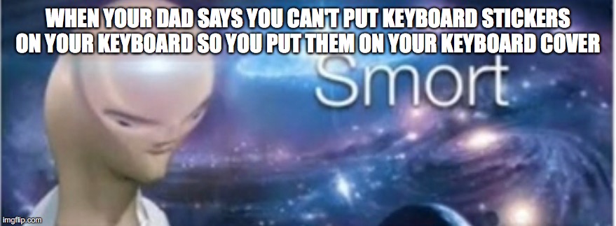 i actually did that | WHEN YOUR DAD SAYS YOU CAN'T PUT KEYBOARD STICKERS ON YOUR KEYBOARD SO YOU PUT THEM ON YOUR KEYBOARD COVER | image tagged in meme man smort | made w/ Imgflip meme maker