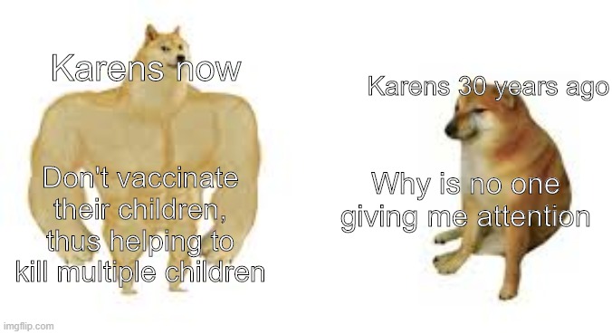 Karens 30 years ago; Karens now; Don't vaccinate their children, thus helping to kill multiple children; Why is no one giving me attention | image tagged in karen,buff doge vs cheems,memes,relatable,anti vax,vaccines | made w/ Imgflip meme maker