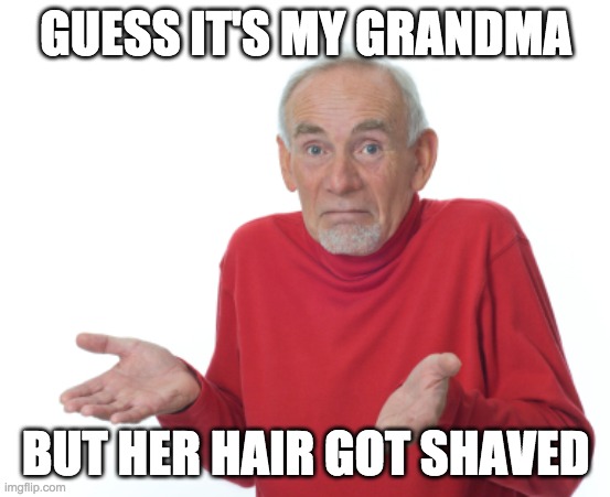 Guess I'll die  | GUESS IT'S MY GRANDMA BUT HER HAIR GOT SHAVED | image tagged in guess i'll die | made w/ Imgflip meme maker