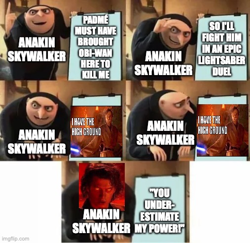 Gru's plan (red eyes edition) | SO I'LL
FIGHT HIM
IN AN EPIC
LIGHTSABER
DUEL; PADMÉ
MUST HAVE
BROUGHT
OBI-WAN
HERE TO
KILL ME; ANAKIN
SKYWALKER; ANAKIN
SKYWALKER; ANAKIN
SKYWALKER; ANAKIN
SKYWALKER; "YOU UNDER-
ESTIMATE
MY POWER!"; ANAKIN
SKYWALKER | image tagged in gru's plan red eyes edition,anakin skywalker,obi wan kenobi,it's over anakin i have the high ground,you underestimate my power,h | made w/ Imgflip meme maker