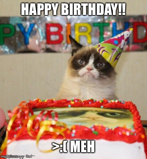 Grumpy Cat Birthday | HAPPY BIRTHDAY!! >:( MEH | image tagged in memes,grumpy cat birthday,grumpy cat | made w/ Imgflip meme maker