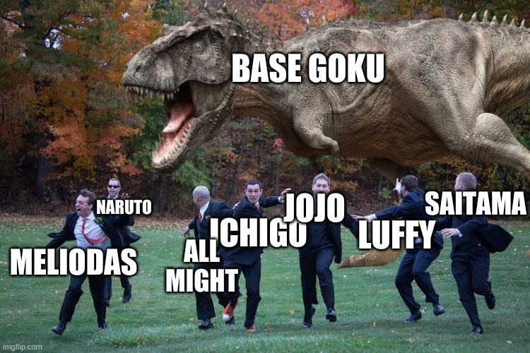 base goku is the strongest | BASE GOKU; SAITAMA; NARUTO; JOJO; ICHIGO; LUFFY; ALL MIGHT; MELIODAS | image tagged in goku | made w/ Imgflip meme maker