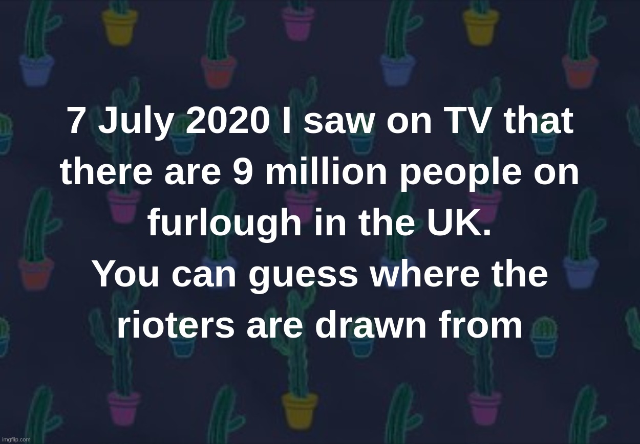 7 July 2020 I saw on TV that there are 9 million people on furlough in the UK.You can guess where the rioters are drawn from | image tagged in tv,furlough,millions,riot,covid-19,blm | made w/ Imgflip meme maker