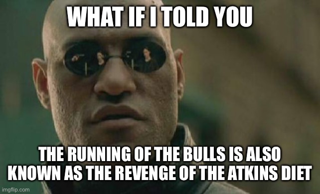 Matrix Morpheus Meme | WHAT IF I TOLD YOU; THE RUNNING OF THE BULLS IS ALSO KNOWN AS THE REVENGE OF THE ATKINS DIET | image tagged in memes,matrix morpheus | made w/ Imgflip meme maker