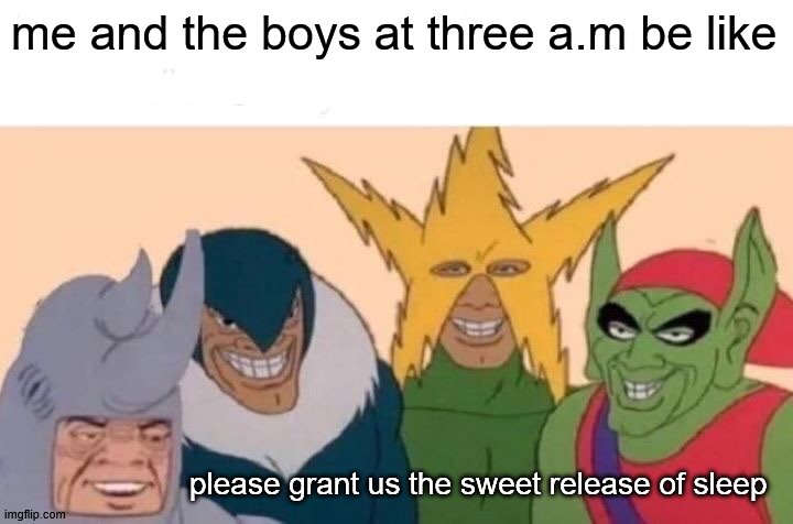 Me And The Boys | me and the boys at three a.m be like; please grant us the sweet release of sleep | image tagged in memes,me and the boys | made w/ Imgflip meme maker