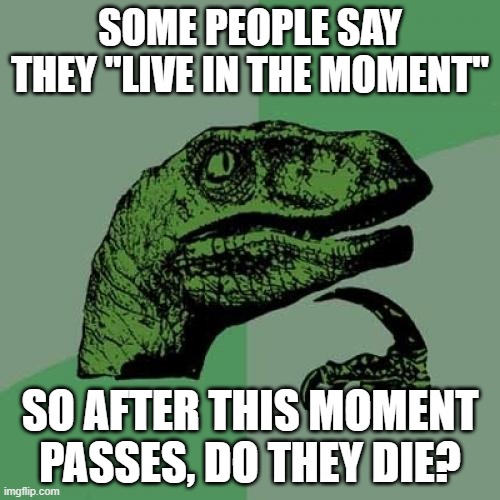 Philosoraptor Meme | SOME PEOPLE SAY THEY "LIVE IN THE MOMENT"; SO AFTER THIS MOMENT PASSES, DO THEY DIE? | image tagged in memes,philosoraptor | made w/ Imgflip meme maker