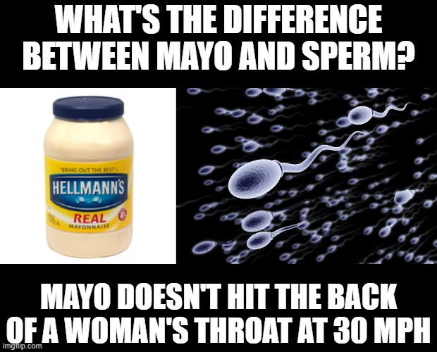 The Speed | WHAT'S THE DIFFERENCE BETWEEN MAYO AND SPERM? MAYO DOESN'T HIT THE BACK OF A WOMAN'S THROAT AT 30 MPH | image tagged in sperm swimming,mayonnaise | made w/ Imgflip meme maker