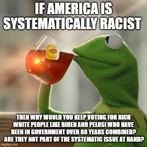 But That's None Of My Business | IF AMERICA IS SYSTEMATICALLY RACIST; THEN WHY WOULD YOU KEEP VOTING FOR RICH WHITE PEOPLE LIKE BIDEN AND PELOSI WHO HAVE BEEN IN GOVERNMENT OVER 80 YEARS COMBINED?  ARE THEY NOT PART OF THE SYSTEMATIC ISSUE AT HAND? | image tagged in memes,but that's none of my business,kermit the frog | made w/ Imgflip meme maker