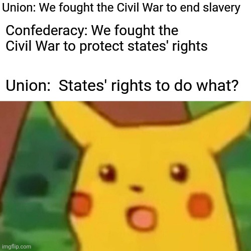 Well this is awkward | Union: We fought the Civil War to end slavery; Confederacy: We fought the Civil War to protect states' rights; Union:  States' rights to do what? | image tagged in memes,surprised pikachu,civil war,slavery,black lives matter,confederacy | made w/ Imgflip meme maker