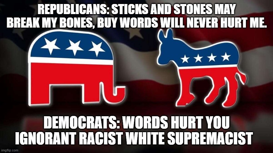 Democrats | REPUBLICANS: STICKS AND STONES MAY BREAK MY BONES, BUY WORDS WILL NEVER HURT ME. DEMOCRATS: WORDS HURT YOU IGNORANT RACIST WHITE SUPREMACIST | image tagged in politics,democrats,republicans,nancy pelosi,funny,political meme | made w/ Imgflip meme maker