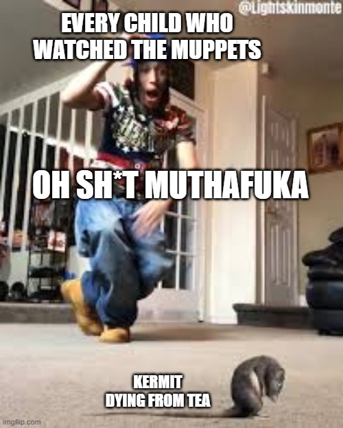 Oh shit a rat | OH SH*T MUTHAFUKA KERMIT DYING FROM TEA EVERY CHILD WHO WATCHED THE MUPPETS | image tagged in oh shit a rat | made w/ Imgflip meme maker