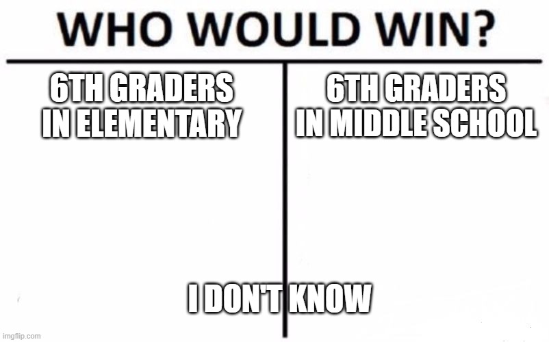 Who Would Win? | 6TH GRADERS IN ELEMENTARY; 6TH GRADERS IN MIDDLE SCHOOL; I DON'T KNOW | image tagged in memes,who would win | made w/ Imgflip meme maker