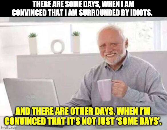 Harold | THERE ARE SOME DAYS, WHEN I AM CONVINCED THAT I AM SURROUNDED BY IDIOTS. AND THERE ARE OTHER DAYS, WHEN I’M CONVINCED THAT IT’S NOT JUST ‘SOME DAYS’. | image tagged in harold | made w/ Imgflip meme maker