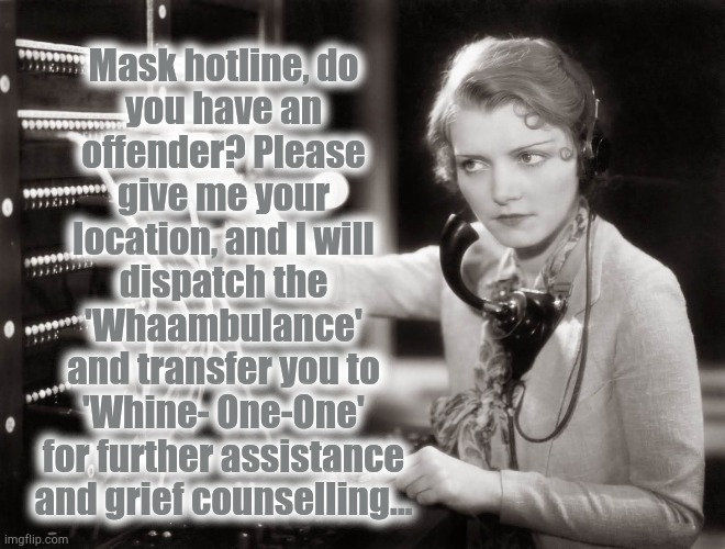 Mask hotline, do
you have an
offender? Please
give me your
location, and I will
dispatch the
'Whaambulance'
and transfer you to
'Whine- One-One'
for further assistance
and grief counselling... | image tagged in mask,hotline,whine,report | made w/ Imgflip meme maker