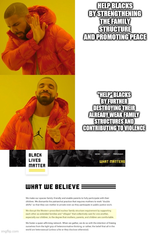 BLM logic or lack thereof | HELP BLACKS BY STRENGTHENING THE FAMILY STRUCTURE AND PROMOTING PEACE; "HELP" BLACKS BY FURTHER DESTROYING THEIR ALREADY WEAK FAMILY STRUCTURES AND CONTRIBUTING TO VIOLENCE | image tagged in memes,drake hotline bling,blm,are you sure,hypocrisy | made w/ Imgflip meme maker