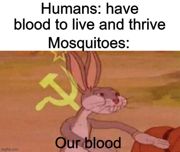 Our blood | Humans: have blood to live and thrive; Mosquitoes:; Our blood | image tagged in our meme,memes,fun | made w/ Imgflip meme maker