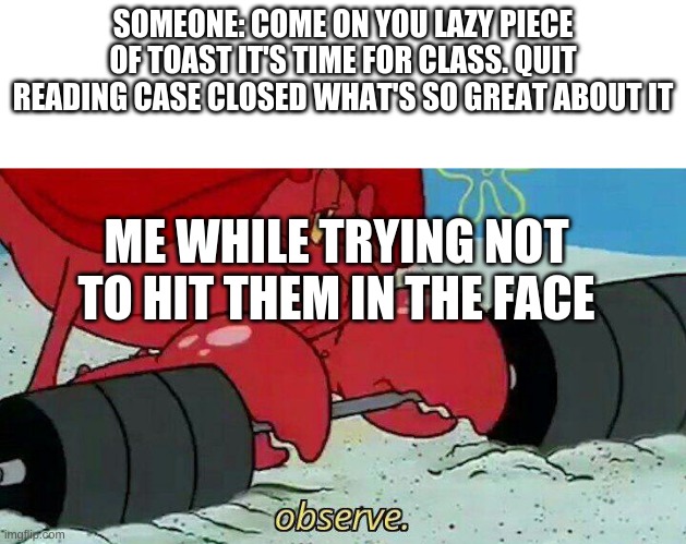 You how DARE you insult Case Closed | SOMEONE: COME ON YOU LAZY PIECE OF TOAST IT'S TIME FOR CLASS. QUIT READING CASE CLOSED WHAT'S SO GREAT ABOUT IT; ME WHILE TRYING NOT TO HIT THEM IN THE FACE | image tagged in observe | made w/ Imgflip meme maker
