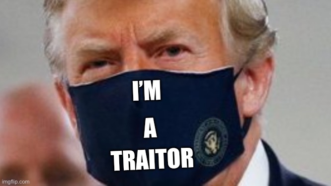 Traitor trump in a mask | I’M; A; TRAITOR | image tagged in trump in a mask,traitor trump,trump in mask at walter reed,trump in face mask | made w/ Imgflip meme maker