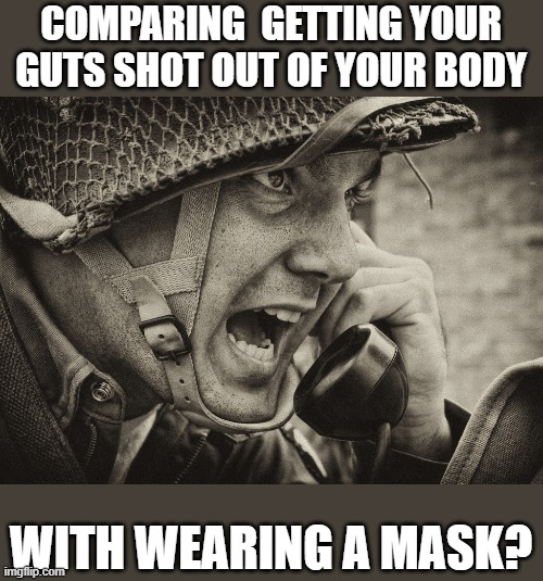 WW2 US Soldier yelling radio | COMPARING  GETTING YOUR GUTS SHOT OUT OF YOUR BODY WITH WEARING A MASK? | image tagged in ww2 us soldier yelling radio | made w/ Imgflip meme maker