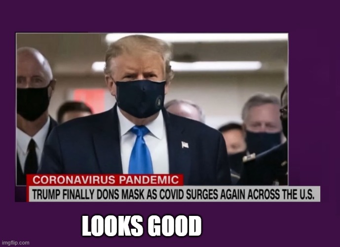 Wearing a facial covering curbs the spread of the coronavirus and reduces the risk of catching the virus by 65%. | LOOKS GOOD | image tagged in trump wears mask,coronavirus,covid-19,pandemic,masks,mask | made w/ Imgflip meme maker