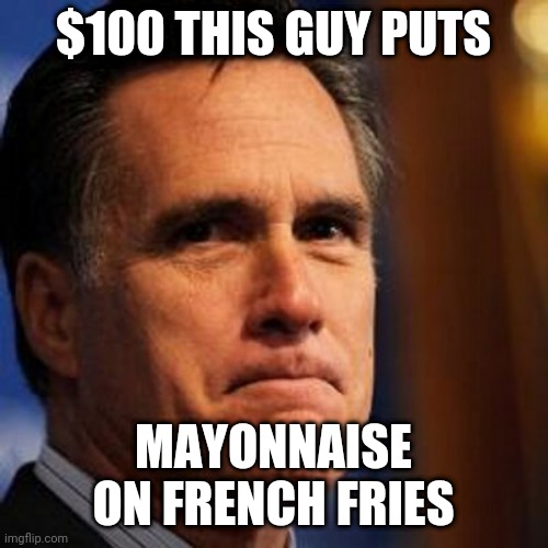 We all know it's true | $100 THIS GUY PUTS; MAYONNAISE ON FRENCH FRIES | image tagged in mitt romney,rino,loser | made w/ Imgflip meme maker