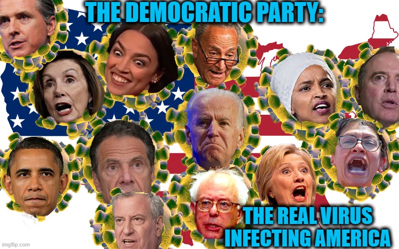 The real threat comes from within | THE DEMOCRATIC PARTY:; THE REAL VIRUS INFECTING AMERICA | image tagged in democrats,democratic party,coronavirus,election 2020,liberals,democratic socialism | made w/ Imgflip meme maker