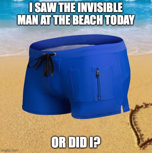 invisible man | I SAW THE INVISIBLE MAN AT THE BEACH TODAY; OR DID I? | image tagged in the invisible man | made w/ Imgflip meme maker