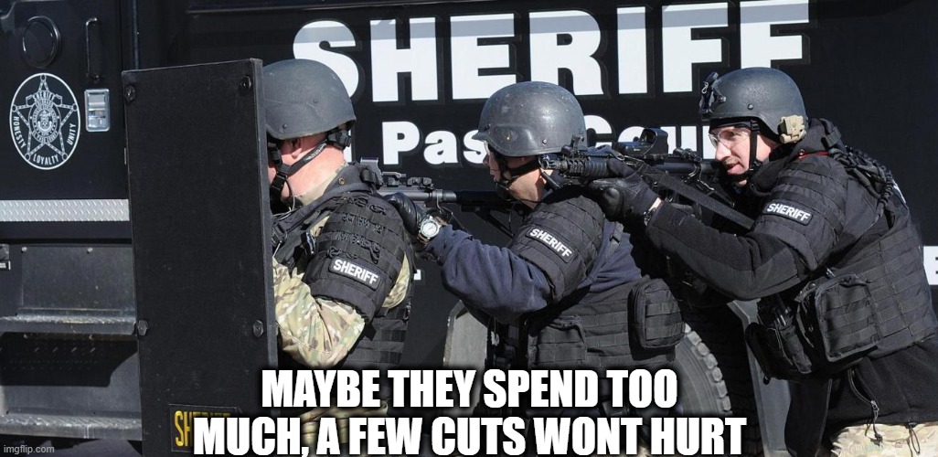 Military police | MAYBE THEY SPEND TOO MUCH, A FEW CUTS WONT HURT | image tagged in military police | made w/ Imgflip meme maker