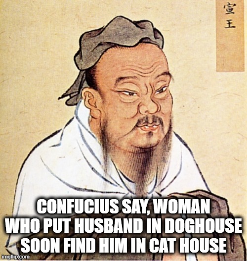 Dog House To The Cat House | CONFUCIUS SAY, WOMAN WHO PUT HUSBAND IN DOGHOUSE SOON FIND HIM IN CAT HOUSE | image tagged in confucius says | made w/ Imgflip meme maker