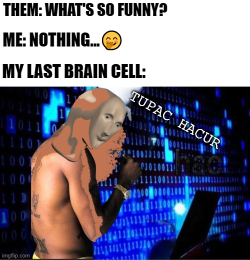 And the Hac-ur lives... | THEM: WHAT'S SO FUNNY? ME: NOTHING...🤭; MY LAST BRAIN CELL:; TUPAC HACUR | image tagged in meme man,hac,tupac | made w/ Imgflip meme maker