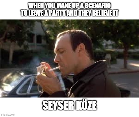 The Unusual Suspect | WHEN YOU MAKE UP A SCENARIO TO LEAVE A PARTY AND THEY BELIEVE IT; SEYSER KÖZE | image tagged in memes | made w/ Imgflip meme maker