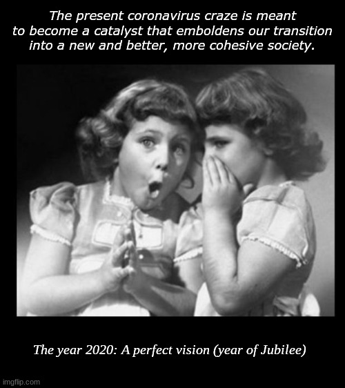 Friends sharing | The present coronavirus craze is meant to become a catalyst that emboldens our transition into a new and better, more cohesive society. The year 2020: A perfect vision (year of Jubilee) | image tagged in friends sharing | made w/ Imgflip meme maker