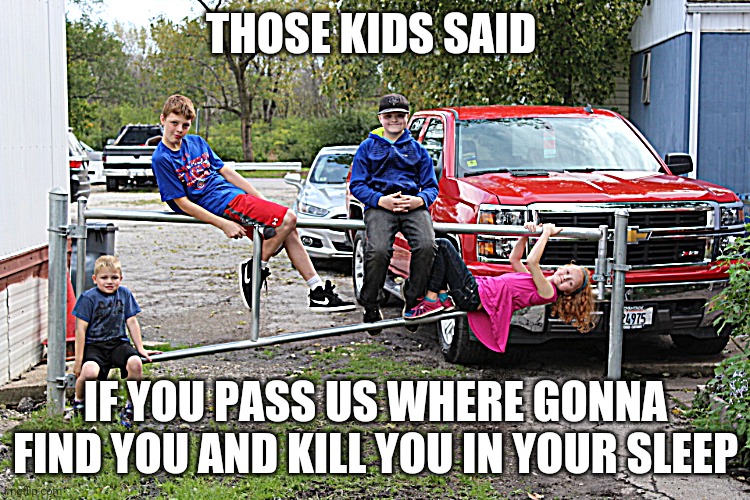 those kids are crazy | THOSE KIDS SAID; IF YOU PASS US WHERE GONNA FIND YOU AND KILL YOU IN YOUR SLEEP | image tagged in those kids | made w/ Imgflip meme maker