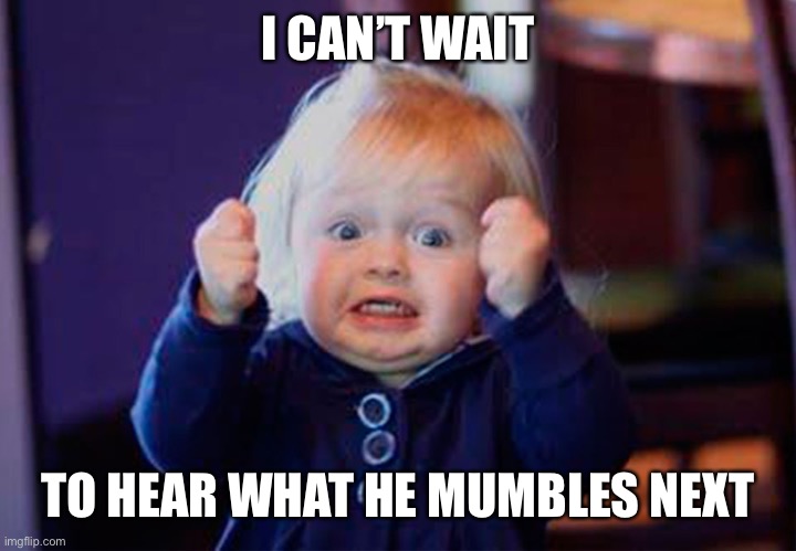 I'm so excited | I CAN’T WAIT TO HEAR WHAT HE MUMBLES NEXT | image tagged in i'm so excited | made w/ Imgflip meme maker