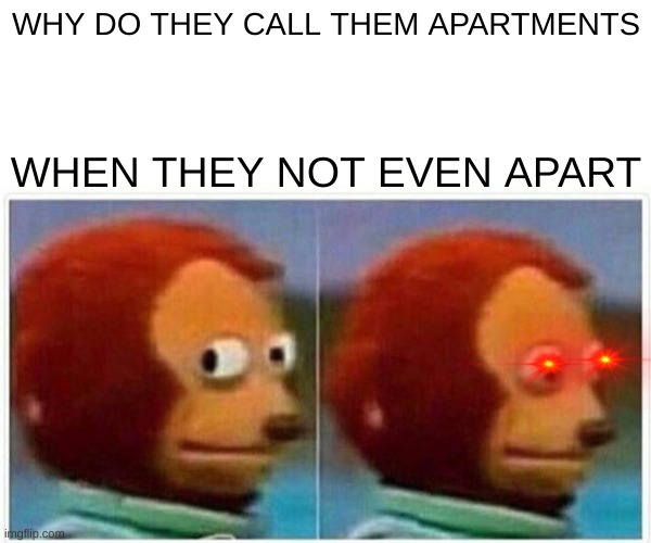 Monkey Puppet Meme | WHY DO THEY CALL THEM APARTMENTS; WHEN THEY NOT EVEN APART | image tagged in memes,monkey puppet | made w/ Imgflip meme maker