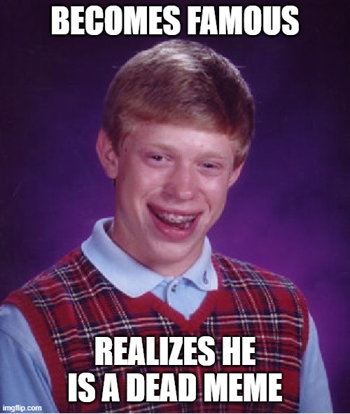 Ah yes,  D E A D | BECOMES FAMOUS; REALIZES HE IS A DEAD MEME | image tagged in memes,bad luck brian | made w/ Imgflip meme maker