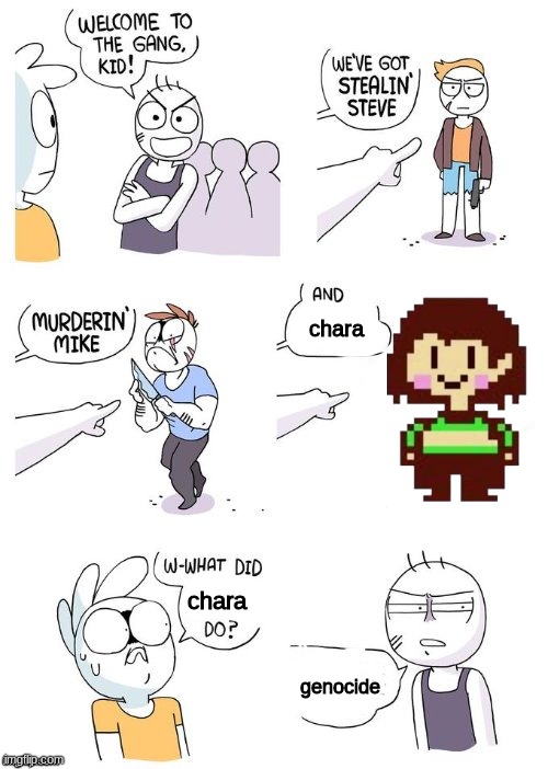 chara (genocide rout) | chara; chara; genocide | image tagged in crimes johnson,undertale,chara | made w/ Imgflip meme maker