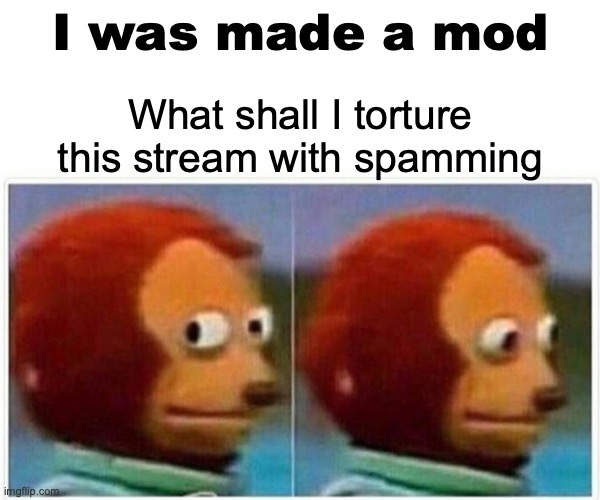 I shall spam..... | I was made a mod; What shall I torture this stream with spamming | image tagged in memes,spam,just give me a topic,i shall be relentless,just ask halfwhitmemes,or others | made w/ Imgflip meme maker