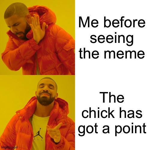 Drake Hotline Bling Meme | Me before seeing the meme The chick has got a point | image tagged in memes,drake hotline bling | made w/ Imgflip meme maker