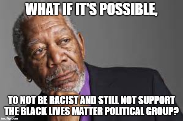 Yes, it is possible. Your political group is trash! | WHAT IF IT'S POSSIBLE, TO NOT BE RACIST AND STILL NOT SUPPORT THE BLACK LIVES MATTER POLITICAL GROUP? | image tagged in deep thoughts by morgan freeman,black lives matter,racism,politics | made w/ Imgflip meme maker