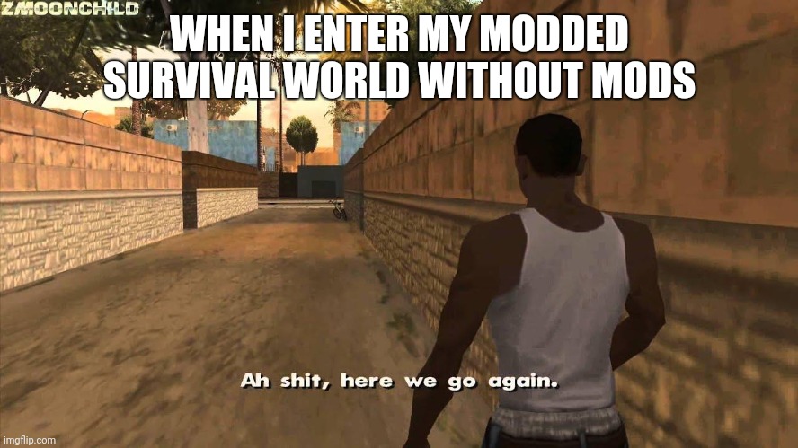 . | WHEN I ENTER MY MODDED SURVIVAL WORLD WITHOUT MODS | image tagged in here we go again | made w/ Imgflip meme maker