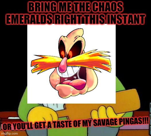 BRING ME THE CHAOS EMERALDS RIGHT THIS INSTANT; OR YOU'LL GET A TASTE OF MY SAVAGE PINGAS!!! | image tagged in memes,that's a paddlin',pingas,savage memes,dank memes,funny | made w/ Imgflip meme maker