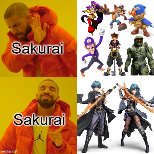 Sakurai and the DLC | Sakurai; Sakurai | image tagged in memes,drake hotline bling,super smash bros | made w/ Imgflip meme maker