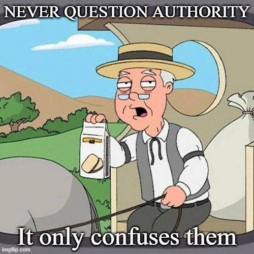 Question Authority | NEVER QUESTION AUTHORITY; It only confuses them | image tagged in memes,pepperidge farm remembers,question authority | made w/ Imgflip meme maker